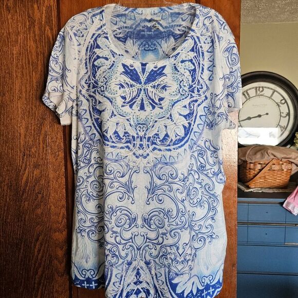 Style & Co Blue White Patterned Top Women’s XL | Sparkle Accents Short Sleeve - Picture 1 of 9